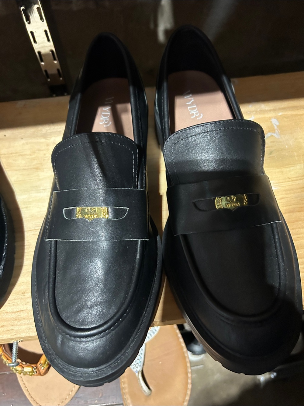 Women's Black Leather Loafers with Gold Accent